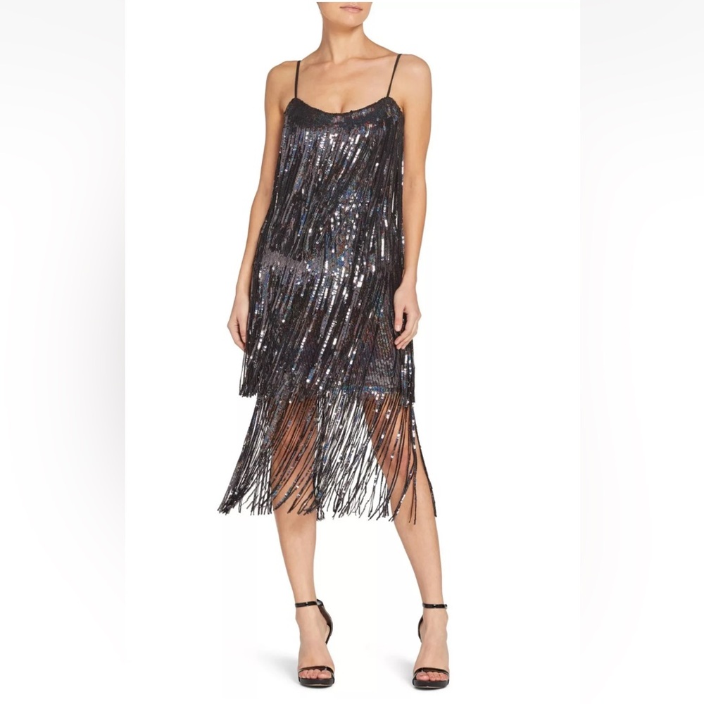 Dress the Population Roxy Iridescent Black Fringe Midi Flapper 1920s NWT Size S